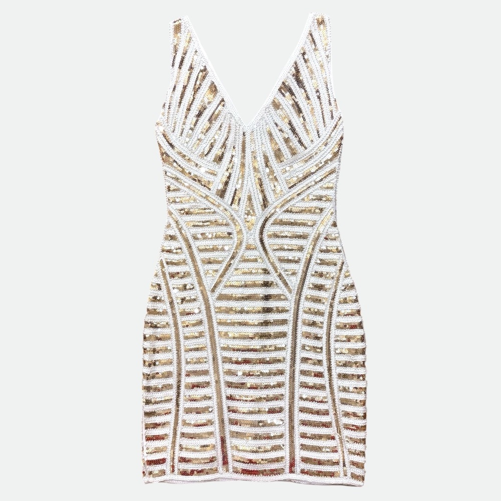 Lulu's White and Gold Beaded V‑Neck Mini Dress
